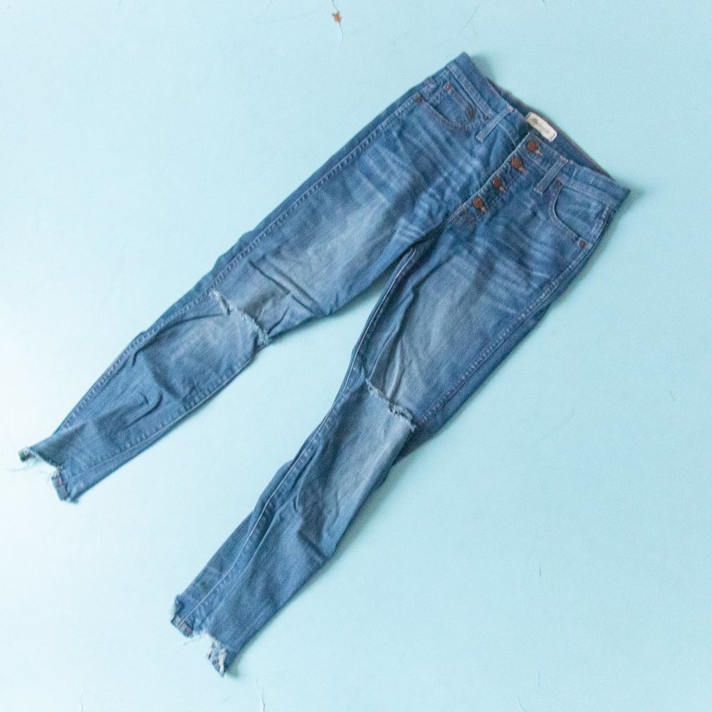 Madewell 10" High Rise Distressed Busted Knee Raw Notched Hem Jeans Sz 28